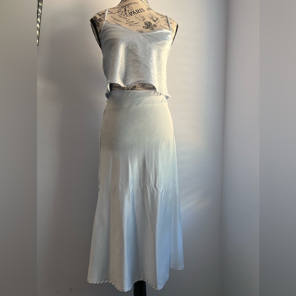 Icy Baby Blue Satin Two Piece Crop Tank Top & Midi Skirt Set